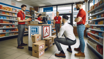 Employés discutent près de boîtes dans un magasin.