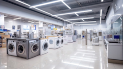 Magasin avec machines à laver exposées.