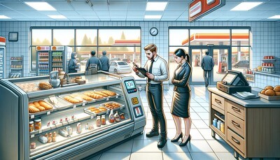 Intérieur d'une boulangerie avec clients et comptoir.