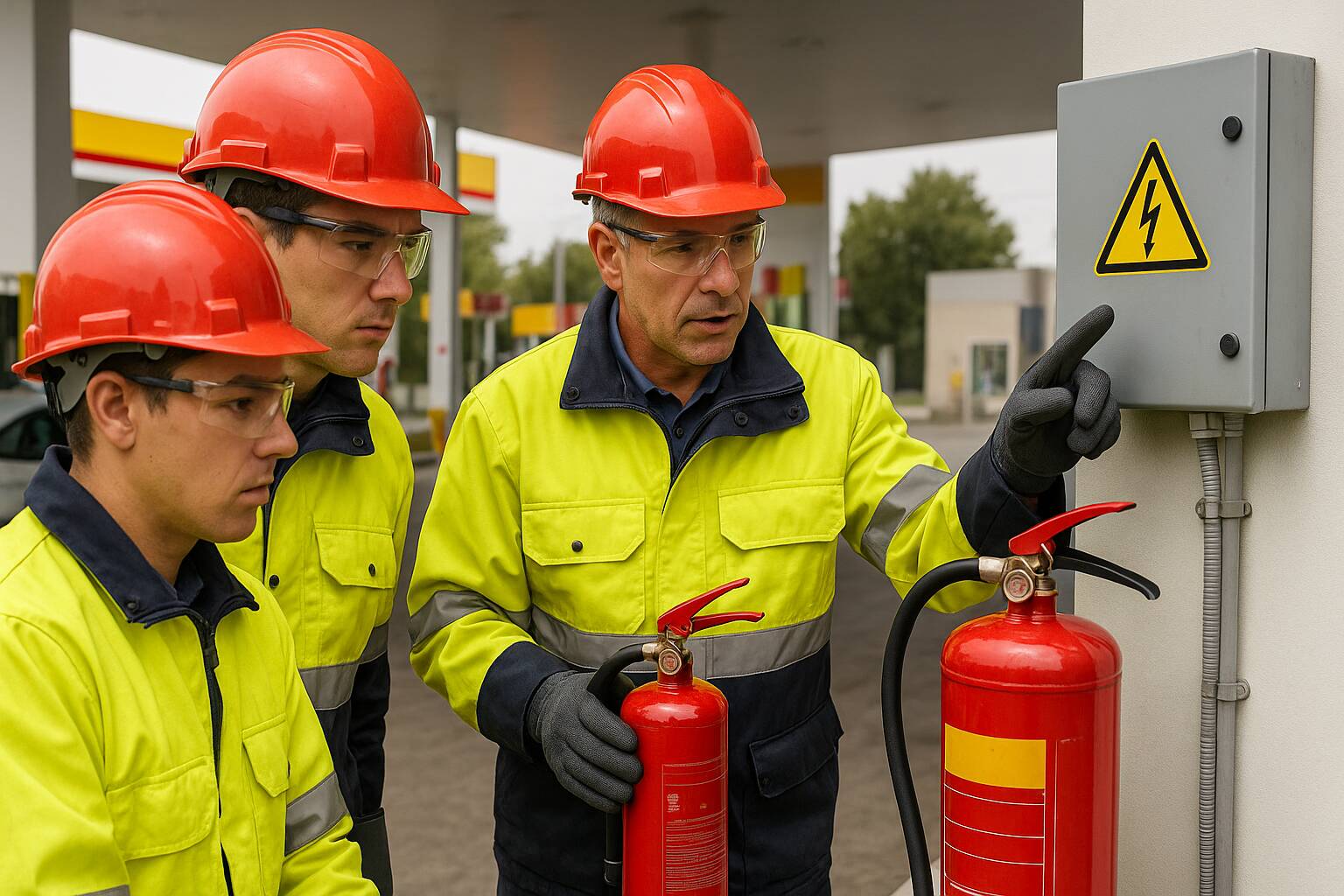 Trois travailleurs en sécurité autour d'un panneau électrique.