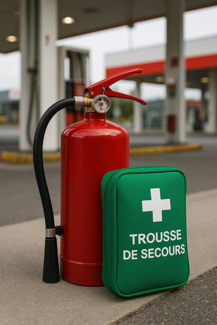 Extincteur rouge et trousse de secours verte.