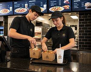 Employés préparant des pâtes dans un restaurant rapide