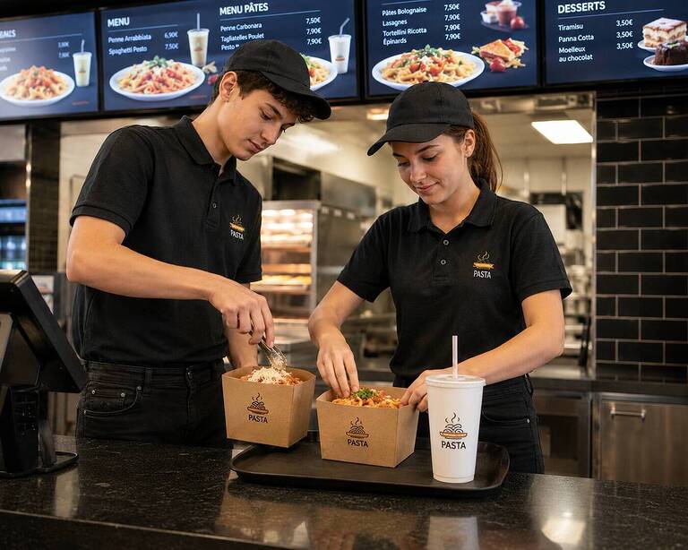 Employés préparant des pâtes dans un restaurant rapide