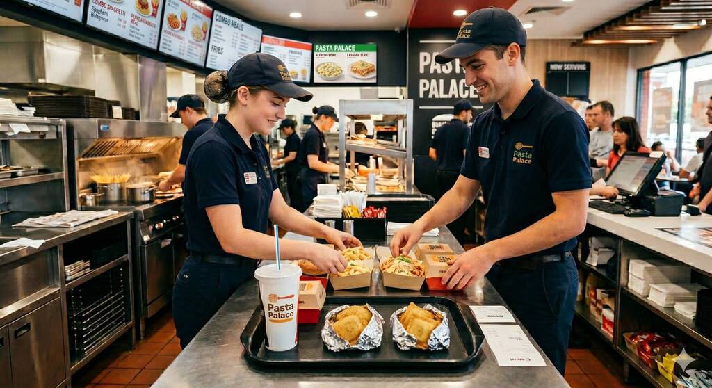 Employés préparant des plats dans un restaurant rapide