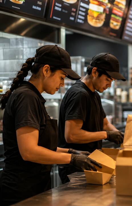 Employés de restauration préparant des commandes à emporter
