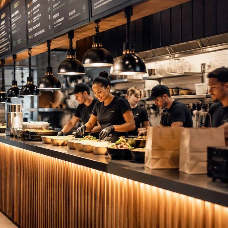 Équipe de cuisine préparant des plats au comptoir